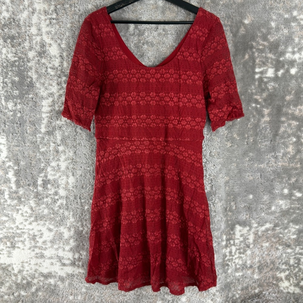 Love Reign Size XL Stretch Floral Scoop Neck Mini Fit Flared Dress Red Lined